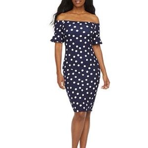 Premier Amour Navy Blue Polka Dot Dress White Ruffled Off-Shoulder Zip Up Retro